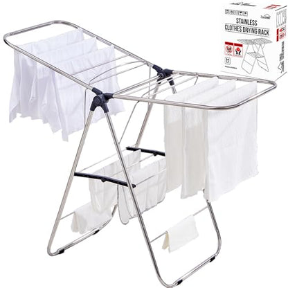 TRES BELLE M-Size Stainless Steel Gullwing Clothes Drying Rack, Foldable Compact Metal Laundry Dryer with Secure-Rod 2 Bottom Bars for Baby Clothes, Delicates, Underwear, Towel - size: Medium