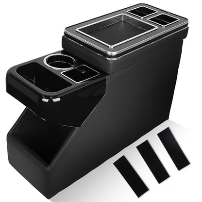 Universal Center Console Organizer for VW T5 T6, Peugeot Traveller, Mercedes, Opel, Toyota - Between Seats Storage Box with Sliding Compartment, Cup Holders and Phone Slot, Black - color: Black
