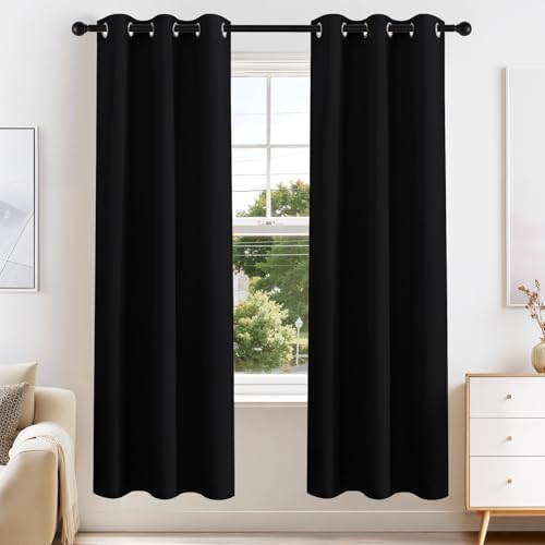 PONY DANCE Black Blackout Curtains for Bedroom 63 Inch Length 2 Panels Set, Thermal Insulated Energy Saving Grommet Top Window Treatment Drapes for Living Room, W34 x L63 Inch - color: Black, size: 34"W x 63"L (Pack of 2)