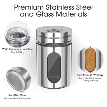 Salt and Pepper Shakers, Stainless Steel and Glass, Adjustable, 2 Pack | Glass Window Shows Fill Level, Multi-size Pour Holes for Coarse Kosher Salt, Sugar, Cinnamon, Spices in Kitchen, BBQ, Dining - color: 2 pcs salt shaker