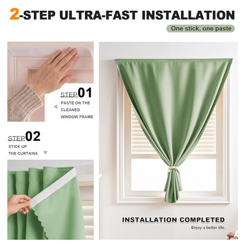Self Adhesive Curtains - No Drilling, No Rod, Easy to Install Blackout Curtains for Window Blinds,Bedroom(Sage Green 35 * 59in-1P) - color: Sage Green, size: 35"W x 59"L (Pack of 1)