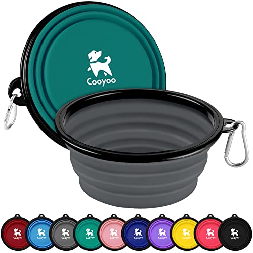COOYOO Collapsible Dog Bowl,2 Pack Collapsible Dog Water Bowls for Cats Dogs,Portable Pet Feeding Watering Dish for Walking Parking Traveling with 2 Carabiners - color: 04#Green+Grey, size: Large