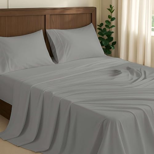 NON Sticky cotton 4 Piece Premium Egyptian Cotton Twin Bed Sheet Set, 15" Deep Pocket Fitted, Easy Care, Soft Sheets for Bedroom and Home Mattress, 39" x 75", Light Grey Solid - color: Light Grey Solid, size: Twin