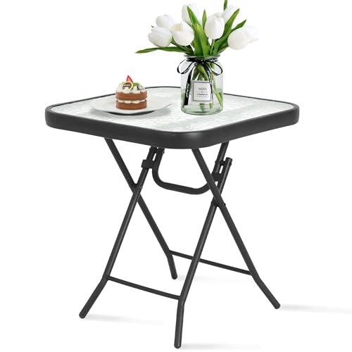 HOMEFUN Outdoor Side Tables Square Folding Patio End Table with Tempered Glass Tabletop, Portable Bistro Coffee for Porch Yard, Balcony, Garden, Deck Poolside, Transparent Glass - color: Glass