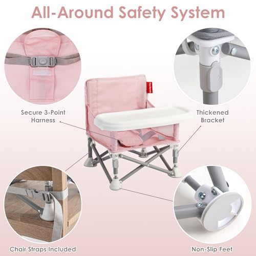 Tiny Marvels Baby Chair, Portable & Foldable for Travel & Beach, Ages 6M-3Y | BPA-Free Material, 3-Point Harness, 3-in-1 Baby Chair, Removable Tray & Carry Bag, Sturdy with Reinforcement, Non-Slip Feet - color: Pink