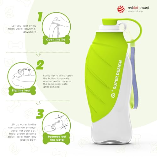 SUPERDESIGN Dog Water Bottle, Portable Dog Water Bottle for Small to Large Dogs, Leak Proof Dog Travel Water Bottle, Small Leaf Travel Water Bowl for Dogs and Dog Walking Accessories (19.6OZ, Green)
