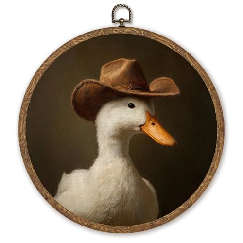 WMSYUO Vintage Cowboy Duck Wall Art Decor, Rustic Country Floral Ducks Portrait Canvas Prints,Retro Cottagecore Circular Wall Hanging Decor for Kitchen Bedroom Farmhouse, 10x10 Inch (Brown-Duck) - color: Brown-Duck