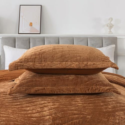 HoneiLife Velvet Quilts Queen Size - Lightweight Bedspreads 3-Pieces, Solid Coverlets Queen Quilt Bedding Sets, Wavy Quilt Sets for All Season Use-Camel - color: Camel-velvet, size: Queen/Full-90"x96"