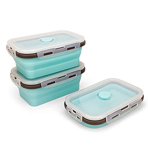 CARTINTS Set of 3 Collapsible Food Storage Containers with Lids, Collapsible Silicone Bowls, Silicone Lunch Containers, For Meal Prep, Camping, Travel, Microwave and Freezer Safe,500ml,Blue - color: Blue