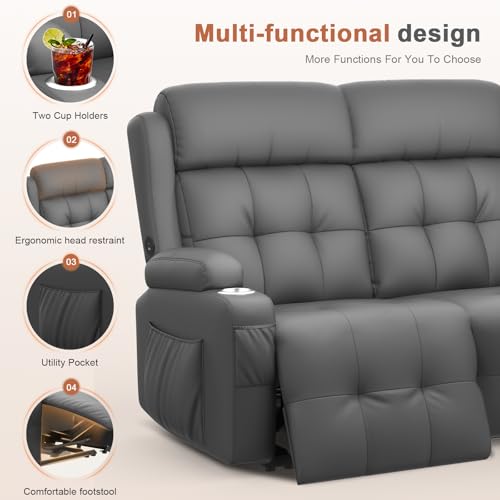 RV Loveseat Recliner Sofa, Reclining Loveseats Couch for RV Furniture, Home Theater Seating with Massage, USB, Insert Pockets, Cup Holders, 150° Wall Hugger RV Recliners Sleeper Sofa - color: Dark Gray, size: Loveseat-G1