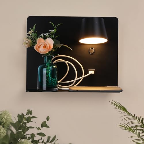 COSYLUX Modern LED Wall Sconce with Shelf, 2in1 Design Plug in & Hardwired Reading Wall Lamp for Bedroom Bedside, 6W,450lm,2700K Rotatable Wall Light Fixtures with USB Charging Port, Large Black - color: Black, size: Large