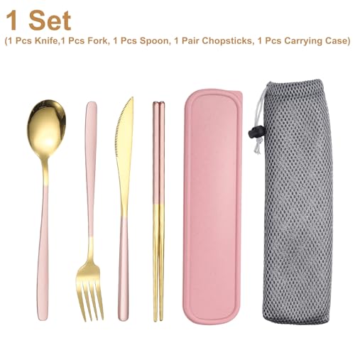 uxcell Travel Utensils with Case, Stainless Steel Portable Silverware, Pink/Gold - color: Pink/Gold