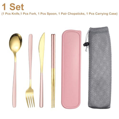 uxcell Travel Utensils with Case, Stainless Steel Portable Silverware, Pink/Gold - color: Pink/Gold