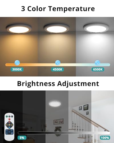 wowatt Rechargeable Ceiling Lights Battery Operated Ceiling Light with Remote Wireless Shower Lighting 3000K 4500K 6500K 7.48in Dimmable Timing Overhead Light for Closet Shower Living Room - color: 3CCT-Round, size: 1 Pack