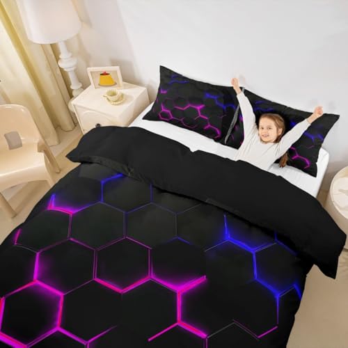 3D Honeycomb Duvet Cover Set King Size,Hexagon Theme with Pink Blue Neon Lights Comforter Cover,Boys Teen Man Chic Creative Home Bedding Quilt Cover 3 Piece with 2 Pillowcases,Black - color: Multi 01, size: King 104"x90"