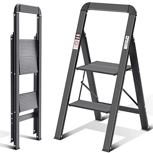 KINGRACK Aluminium 2 Step Ladder, Lightweight Step Stool with Non-Slip Pedals, Handrail, 330LBS Foldable Step Ladder for Kitchen, Garage, Home, Space Saving, Sturdy and Portable, Black - color: Black, size: 2-step with Handrail