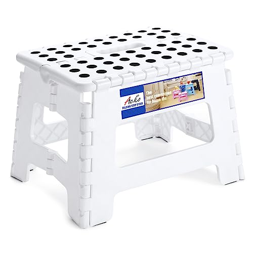 ACKO Folding Step Stool 9 Inch 300 lb Capacity, Plastic Foldable Step Stools for Kids and Adults, Folding Stools Suitable for Kitchen, Stepping Stool with Handle White 1PC - color: White, size: 9 Inch