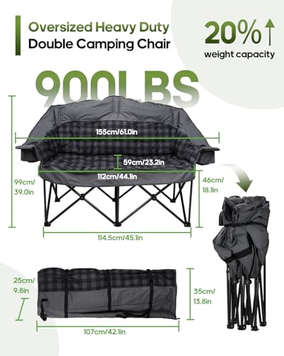 Double Camping Chair Padded Loveseat Camping Couch, Oversized 2 Person Camp Chairs with 2 in 1 Carry Bag, Heavy Duty Folding Lawn Chair Sofa with Cup Holders for Adults Patio Backyard Beach, Gray - color: Gray