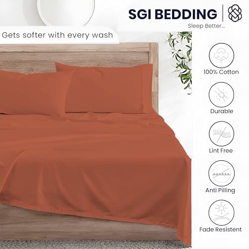 SGI bedding Twin Bed Sheets Set – Premium 600 TC Egyptian Cotton, Crisp & Cooling Sateen Weave, Extra Soft Hotel Collection, Fits Mattresses Up to 16 Inch Deep, Breathable & Long Lasting – Terracotta - color: 15 - Terracotta, size: Twin