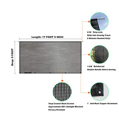Shadeidea RV Sun Shade Screen for RV Awning - 9' X 17' 5'' (fit for 18' Awning) Black Mesh Sunshade Motorhome Camping Trailer UV Sunblocker Canopy Sunscreen - 3 Year Warranty - size: 9' 0'' x 17' 5'' -Actual Measurement