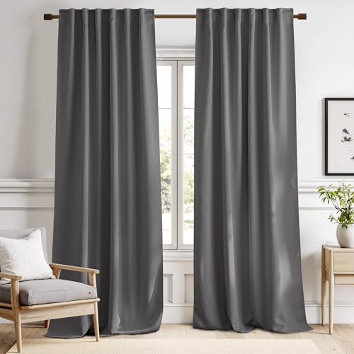 NICETOWN Bedroom Blackout Curtain Panels - (Grey Color) 52 x 120 inch, 2 PCs, Insulating Energy Saving Solid Rod Pocket Blackout Drapes for Hall, Villa - color: Grey, size: 52"W x 120"L (Pack of 2)