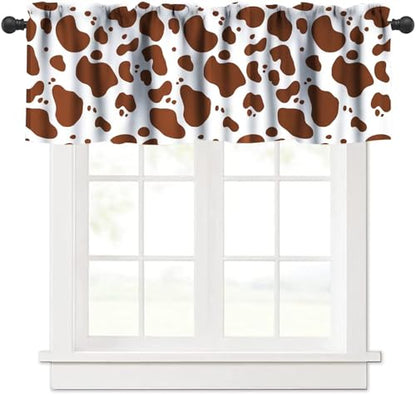 Cow Fur Print Valance, Abstract White Brown Cowhide Cute Animal Skin Short Blackout Window Treatments for Kitchen Kids Boys Girls Bedroom Living Room, 54x18inch - color: Cowhide-3