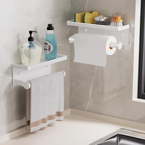 White Paper Towel Holder with Shelf, Wall Mount Paper Towel Holder for Bathroom Kitchen, Hand Towel Rack Holder,Paper Roll Holder with Self Adhesive & Screw,RV - color: White Pro