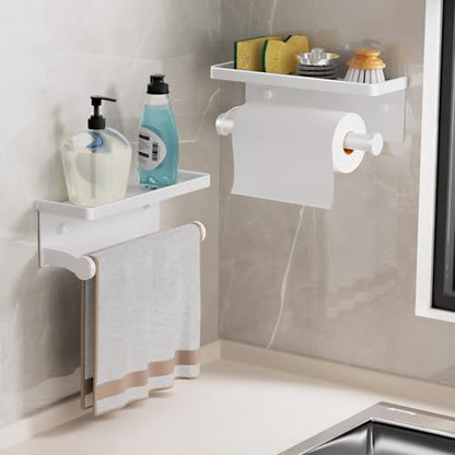 White Paper Towel Holder with Shelf, Wall Mount Paper Towel Holder for Bathroom Kitchen, Hand Towel Rack Holder,Paper Roll Holder with Self Adhesive & Screw,RV - color: White Pro