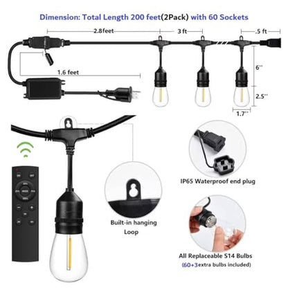 Remote Control Outdoor String Lights 200FT for Outside Patio Lights Waterproof with 63 Replaceable S14 Bulbs for Bistro Pergola Porch Backyard Dimmable, 2200K, Linkable, Hooks, Zip Ties included - size: 200 feet(Remote)
