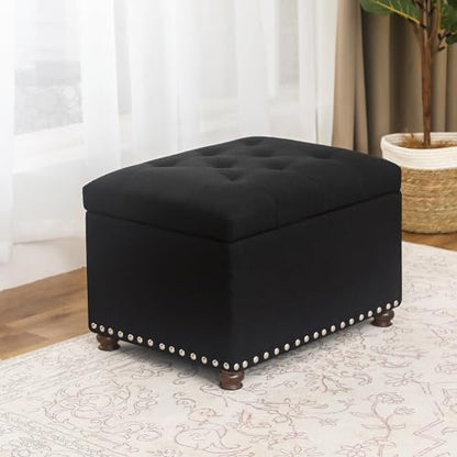 Joveco Storage Ottoman Bench, Rectangle 24″ Linen Foot Rest Stool Square Footstool for Living Room, Bedroom, Black - color: Line Black