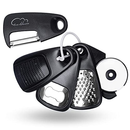 Kitchen Gadgets Set 5 Pieces, Space Saving Cooking Tools Kitchen Accessories - Fruit/Vegetable Peeler, Cheese/Chocolate Grater, Bottle Opener, Pizza Cutter, Garlic/Ginger Grinder Gift Set (Black) - color: Classical Black 5pcs