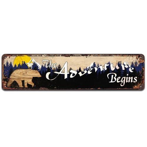 The Adventure Begins Sign, Woodland Nursery Decor, Bear Mountain Inspirational Quotes, Metal Sign for Home Cabin Decor, Forest Camping Sign 4x16 Inches - color: V-106