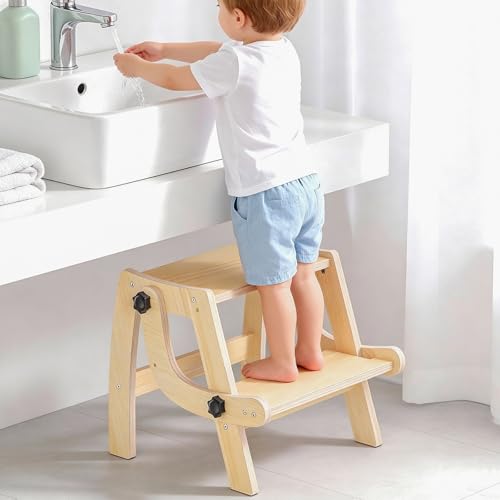 Toddler Step Stool, Foldable Step Stool for Kids, Convert to Chair, Toddler Stool for Bathroom Sink & Potty Training, Wooden Step Stools w Non Slip Base for Kitchen, Bedroom - color: Natural Wood