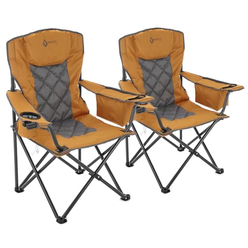 ARROWHEAD OUTDOOR 2-Pack Portable Deluxe Folding Camp Quad Chair w/Headrest, Glass & Cup Holders, Armest 6-can Cooler, Heavy Duty Carry Bag, 550 lbs Weight Capacity - color: Tan 2pack