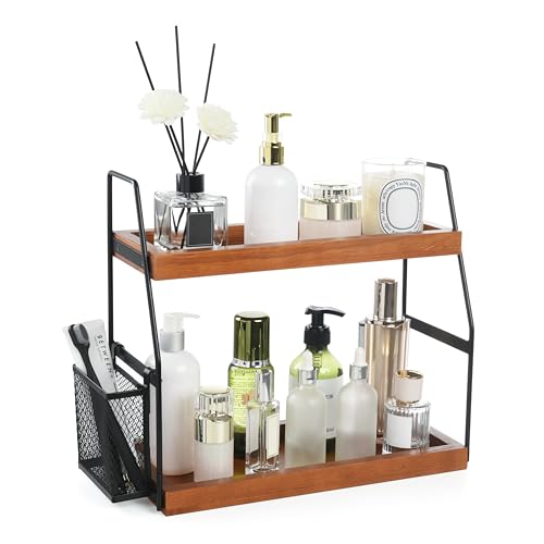 Bathroom Counter Organizer, 2-Tier Standing Storage Shelf with Basket, Wood Tray for Skincare Vanity Organizer(Brownish) - style: 2 Tier Brownish