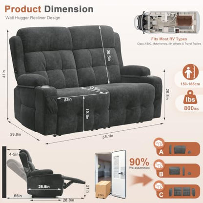 RV Loveseat Recliner Sofa, Reclining Loveseats Couch for RV Furniture, Home Theater Seating with Massage, USB, Insert Pockets, Cup Holders, 150° Wall Hugger RV Recliners Sleeper Sofa - color: Velvety Gray, size: Loveseat-G1