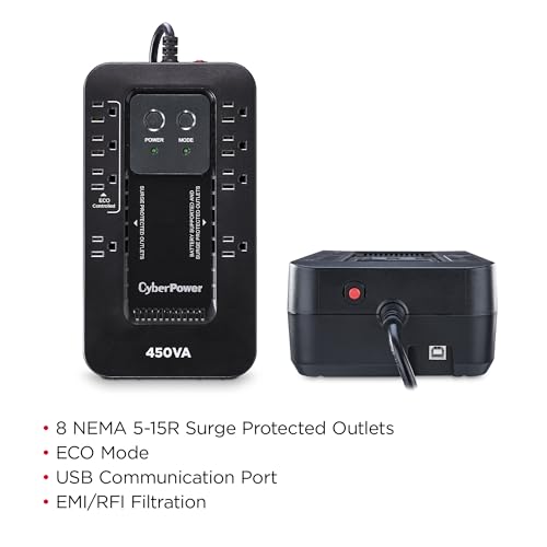 CyberPower EC450G Ecologic Battery Backup & Surge Protector UPS System, 450VA/260W, 8 Outlets, ECO Mode, Compact Uninterruptible Power Supply - style: 450VA