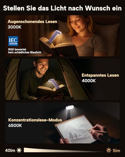 86lux Book Light, Reading Light for Book in Bed, USB Rechargeable LED Night Light with 3 Colors & Stepless Dimming, Aluminum Alloy Bookmark Light for Book Lovers, Lavender - color: Lavender