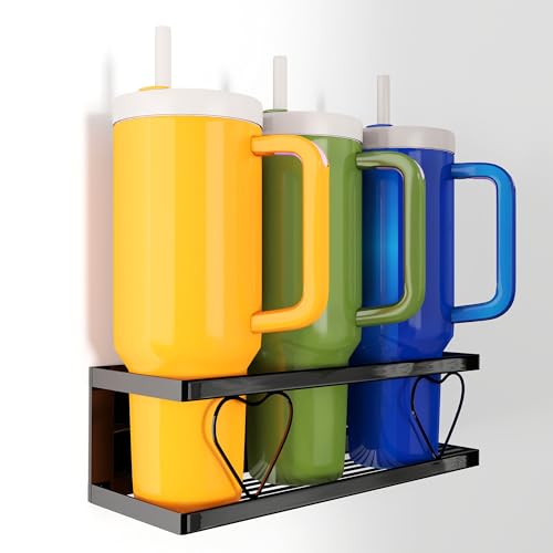 Magnetic Stanley Cup Holder Fits Stanley 20/30/40 oz & Yeti Tumblers, No-Drill Refrigerator Tumbler Organizer with Hook, Strong Fridge Cup Rack for Kitchen, Office, RV, Ideal Gift(Black)