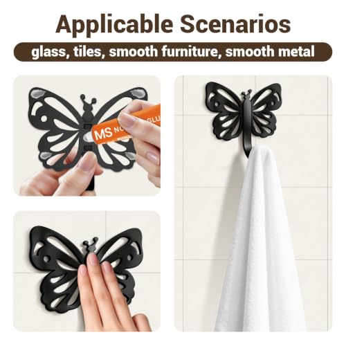 Butterfly Design Metal Hook for Both Screw Mounting and Strong Adhesive | Suitable for Living Room, Bathroom, Kitchen, Bedroom for Coat, Bag, Scarf, Towel, Hat, Key, Cup, Black 3 Set - style: 3B