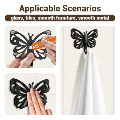 Butterfly Design Metal Hook for Both Screw Mounting and Strong Adhesive | Suitable for Living Room, Bathroom, Kitchen, Bedroom for Coat, Bag, Scarf, Towel, Hat, Key, Cup, Black 6 Set - style: 6B