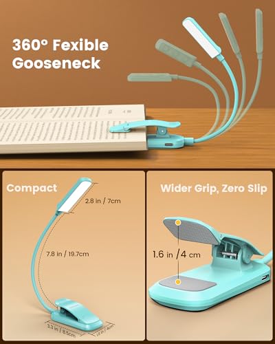 Glocusent 13 LED Rechargeable Book Light for Reading at Night, Eye-Caring 3 Amber Colors & Stepless Dimming, Lasts 1 Week to 2 Months, Travel Clip on Lamp, Gifts for Book Lovers, Men, Women & Kids - color: Sky Blue