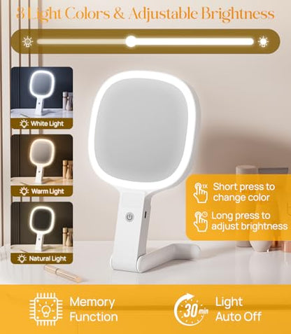 Gospire 6.8" Travel Vanity Mirror, 3-in-1 Hanging/Handheld/Desktop Use with Dual-Side Buttons, 1X/10X Magnification, 3-Color Dimmable LED, Auto Memory + Velvet Pouch (White) - color: White