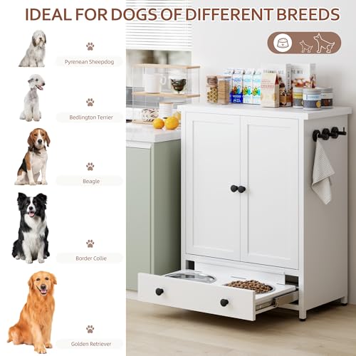 Dog Feeding Station with Storage, Metal Dog Food Storage Cabinet with 2 Elevated Bowls and 3 Hooks, Pet Feeding Station and Dogs Food Storage Organizer, White - size: Metal White