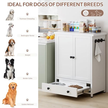 Dog Feeding Station with Storage, Metal Dog Food Storage Cabinet with 2 Elevated Bowls and 3 Hooks, Pet Feeding Station and Dogs Food Storage Organizer, White - size: Metal White