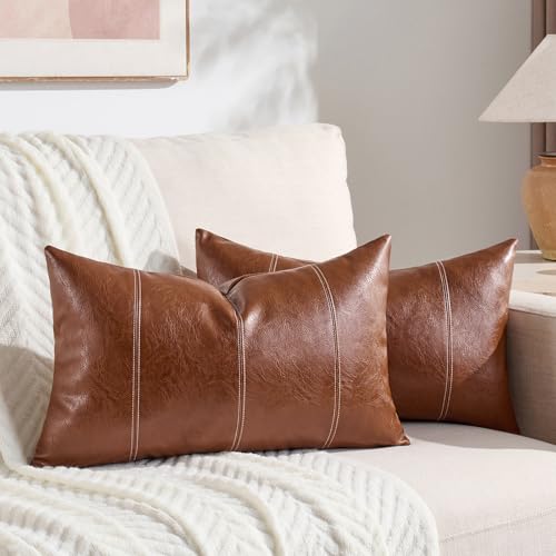 Fancy Homi 2 Packs Brown Boho Lumbar Faux Leather Decorative Throw Pillow Covers 12x20 Inch for Living Room Couch Bed Sofa, Hand Stitched Rectangle Cushion Case, Rustic Modern Farmhouse Home Decor - color: Brown, size: 20" x 12" (Pack of 2)