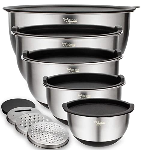 Wildone Mixing Bowls with Airtight Lids Set, 5PCS Stainless Steel Nesting Bowls for Kitchen, with Grater Attachments & Non-Slip Bottoms, Size 5, 3, 2, 1.5, 0.63 QT, Great for Mixing & Serving - color: Black