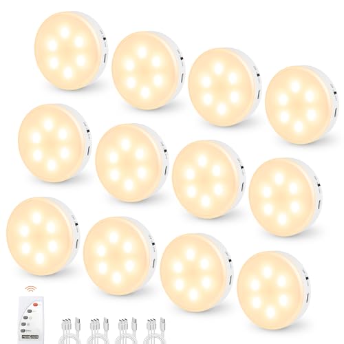 Puck Lights with Remote Control,1000mAh rechargeable under cabinet lighting,LED Closet Lights,12Pack Tap Light,Cordless Stick On Lights for Under Cabinet,Hallway, Stairway,Closet (Warm White-12PCS) - color: Warm White, size: 12PCS