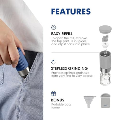 vzaahu Mini Salt and Pepper Grinder Set Blue and Gray with Bag and Funnel, Small Travel Portable Spice Tools, Adjustable Coarseness, Refillable, Ceramic Burrs Seasoning Mills for Cooking, BBQ, RV - color: blue and grey