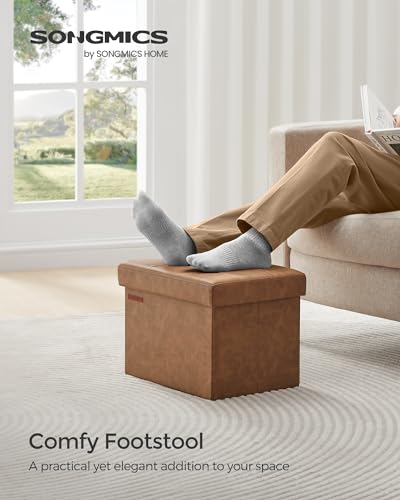 SONGMICS Small Folding Storage Ottoman, Foot Rest Stool, Cube Footrest, Synthetic Leather, 12.2 x 16.1 x 12.2 Inches, 286 lb Capacity, for Living Room, Bedroom, Dorm, Coffee Brown ULSF100K01 - color: Coffee Brown, style: Synthetic Leather